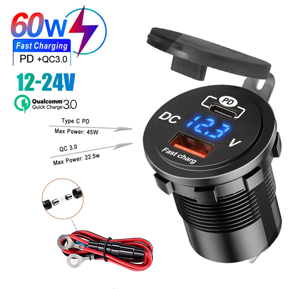 60w PD QC3.0 รถ Charger ซ็อกเก็ตแรงดันไฟฟ้า Quick Charge 3.0 ซ็อกเก็ต Power Outlet สําหรับ 12 V/24 V รถจักรยานยนต์รถบรรทุกเรือ