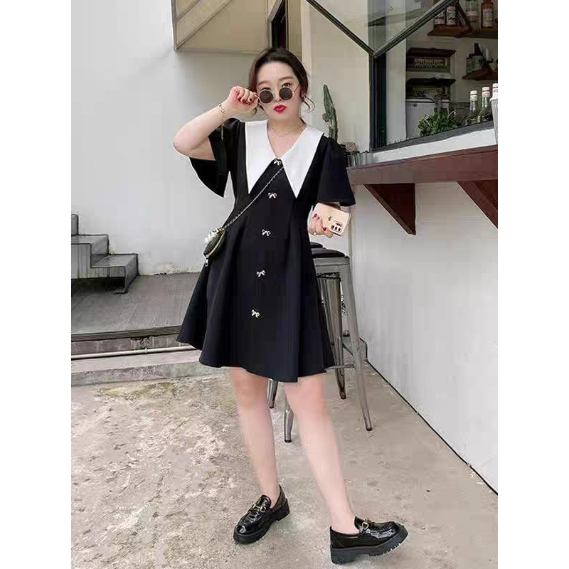 Veewink พร้อมส่งจากกทม เสื้อผ้าโอเวอร์ไซส์สำหรับคนอ้วน ชุดเดรสคนท้องสั้นทรงเอสีดำคอวีสไตล์เรโทรฝรั่งเศส ราคา ถูกที่สุด ดีลบีเคเค แกลเลอรีภาพที่ 8