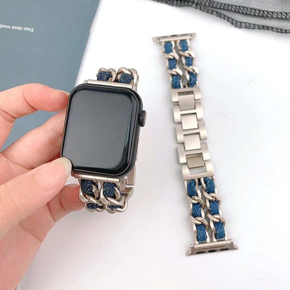 เหมาะสําหรับ iwatch8 Apple S9 นาฬิกา applewatch9 สาย S8 Chanel สไตล์ Denim S7 ประเภทโซ่ S6 โลหะ 7th 