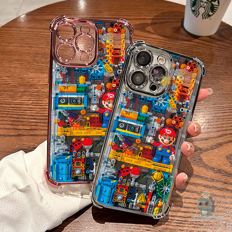 การ์ตูนน่ารักsuper Marioบล็อกแฟชั่นเคสโทรศัพท์สําหรับiPhone 11 15 14 13 12 Pro Max XR X XS 8 7 6 Plus SE2020 สี่มุมDrop-Proofโปร่งใสกันกระแทกฝาครอบป้องกัน