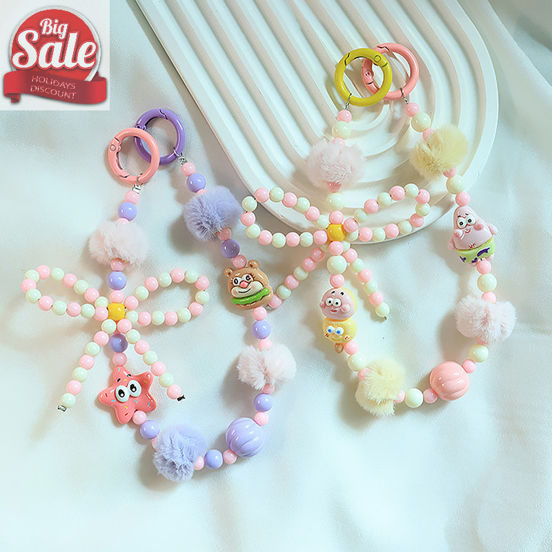 Af การ์ตูน SpongeBob Plush Ball ลูกปัด Lanyard สําหรับโทรศัพท์ Anti-Lost สร้อยข้อมือสําหรับกล้องสายรัดข้อมือพวงกุญแจรถน่ารักกระเป๋า Charm A