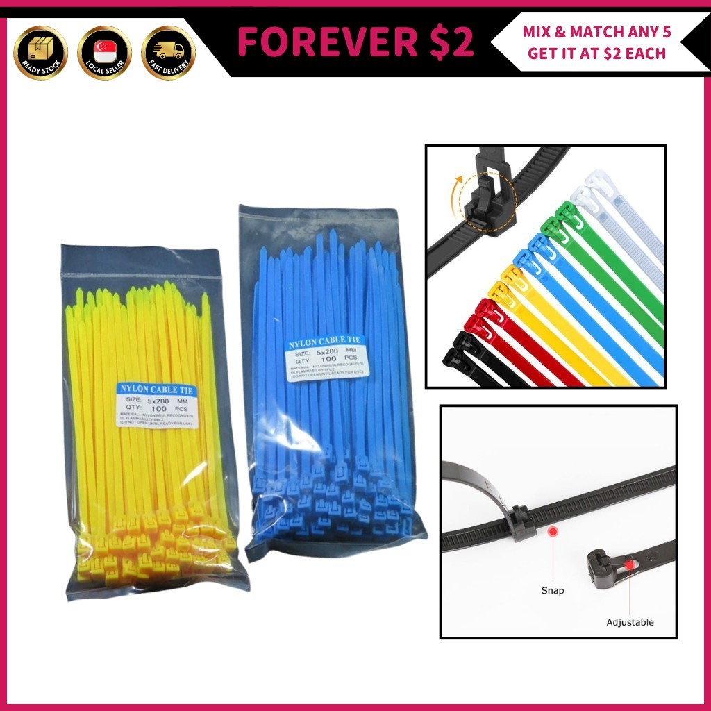 (FOREVER $2) 100 คุณภาพสูง Bright Vibrant Reusable หนา 4.8 มม. Zip Ties ทนทาน Easy to Ties Zip Ties