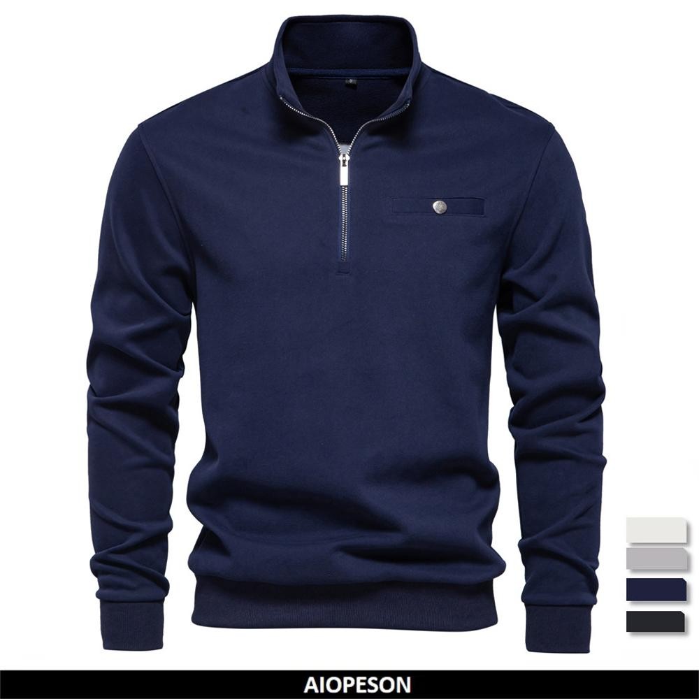 SS24 AIOPESON Mens Quarter-Zip Sweatshirts Causal Social Pocket Stand Collar Pullover Sweatshirt for