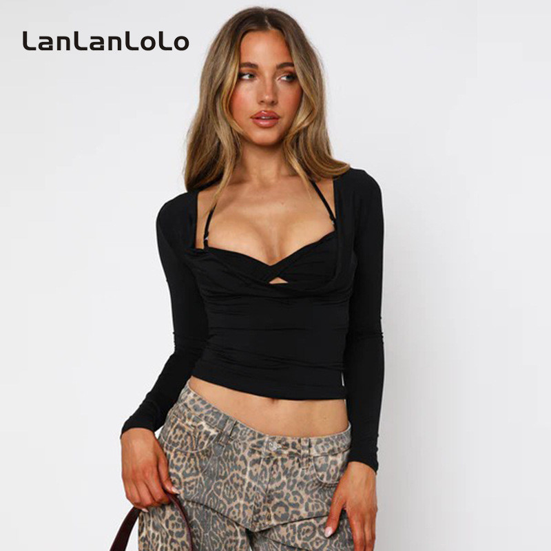 Lanlanlolo ผู้หญิง 2024 แฟชั่นสีทึบแขนยาวเซ็กซี่ Hollow Halter เสื้อยืด