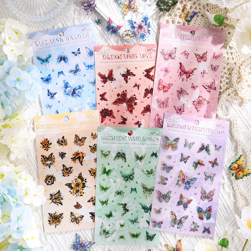 Journamm 10 แผ่น Butterful สติกเกอร์ PET สติกเกอร์ตกแต่งไดอารี่ Scrapbooking วัสดุของเล่นพืช Deco อัลบั้มเครื่องเขียนสติกเกอร์