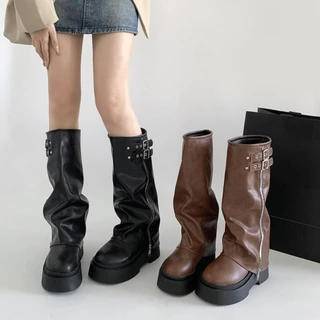 EROL ผู้หญิง Biker รองเท้า, แพลตฟอร์มเข็มขัดหัวเข็มขัดผู้หญิงเข่าสูง Booties, แฟชั่น Y2K Punk Street สไตล์ Casual ยาวท่อ Booties สุภาพสตรี
