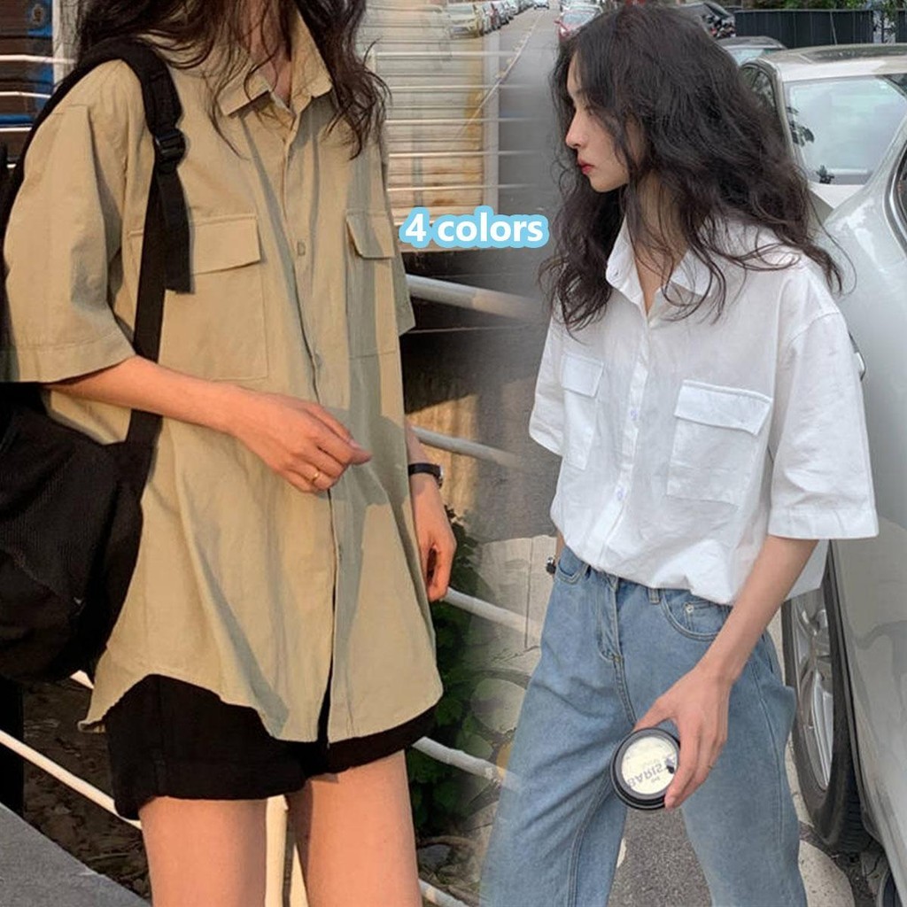 KOKO#เสื้อเชิ้ตคาร์โก้ เสื้อลำลองแขนสั้นสีทึบสำหรับผู้หญิง ฤดูร้อน  เกาหลีทรงหลวม ใส่กับกางเกงขาสั้นก็ดูเก๋ไก๋#W446