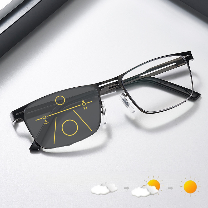 Bifocal Progressive เลนส์ Multifocal สมาร์ทซูมป้องกันรังสีแว่นตาอ่านหนังสือผู้ชาย Photochromic กลางแจ้ง Anti UV ดูใกล้และไกลโลหะสแควร์กรอบ Ultra Light Original SPG642