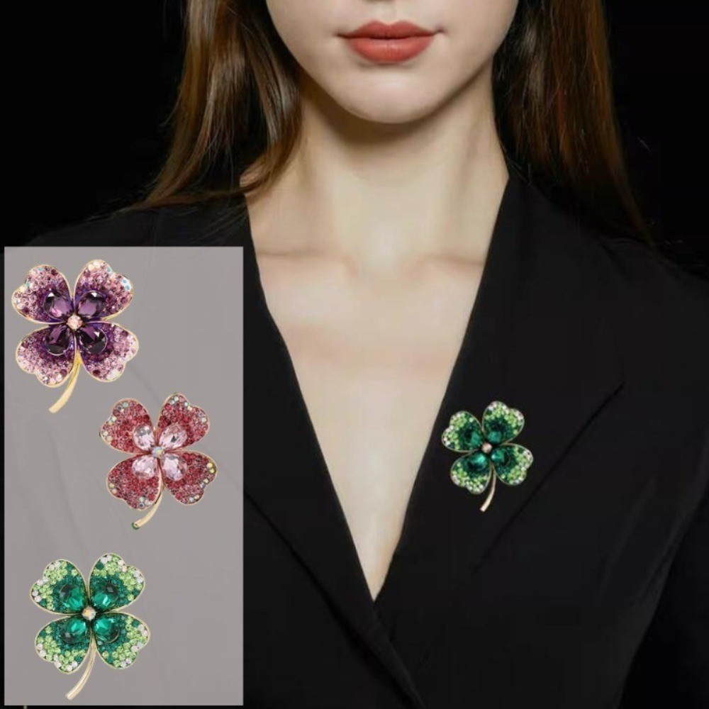 แฟชั่น Rhinestone Four Leaf Clover เข็มกลัดประณีตคริสตัลเสื้อผ้า Pins สําหรับผู้หญิงสาวเครื่องประดับงานแต่งงานชุดตกแต่ง