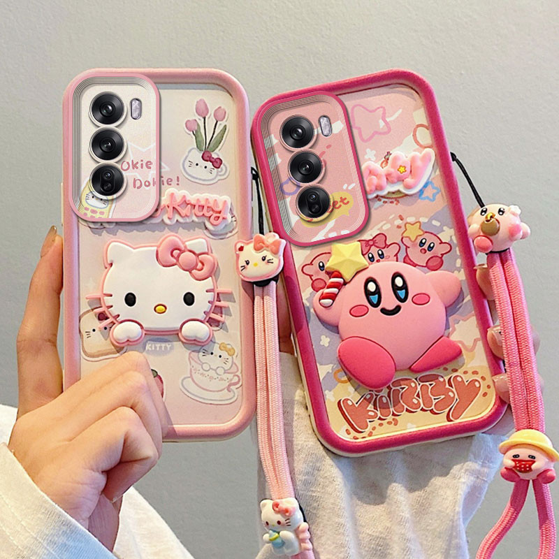 เคส Oppo Reno 12(5G)/ Reno 12Pro(5G) 3D ตุ๊กตาการ์ตูนซิลิโคน Kuromi/Hello Kitty ป้องกันการตกแขวนเชือกเคสโทรศัพท์