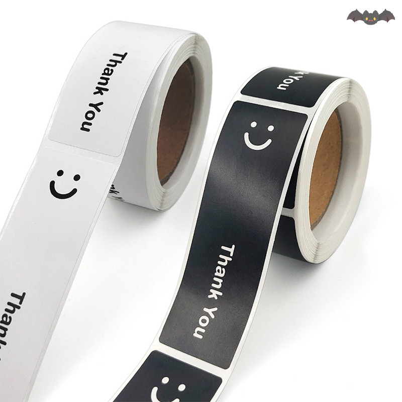 [PE] 120 ชิ้น/ม้วนหน้ายิ้มสีดําและสีขาวขอบคุณสติกเกอร์ซีลสี่เหลี่ยมของขวัญสติกเกอร์สําหรับบรรจุภัณฑ์