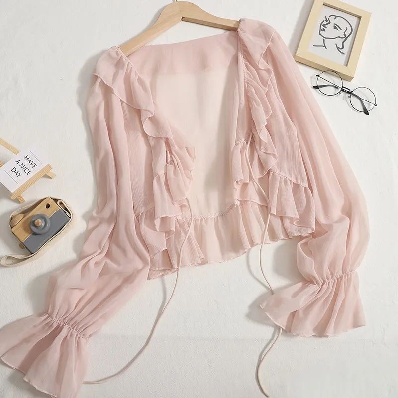 【Grace】 เสื้อคลุมถักแบบใส, รายละเอียดหยัก, บางสบาย... G7005 #(หลากสี)