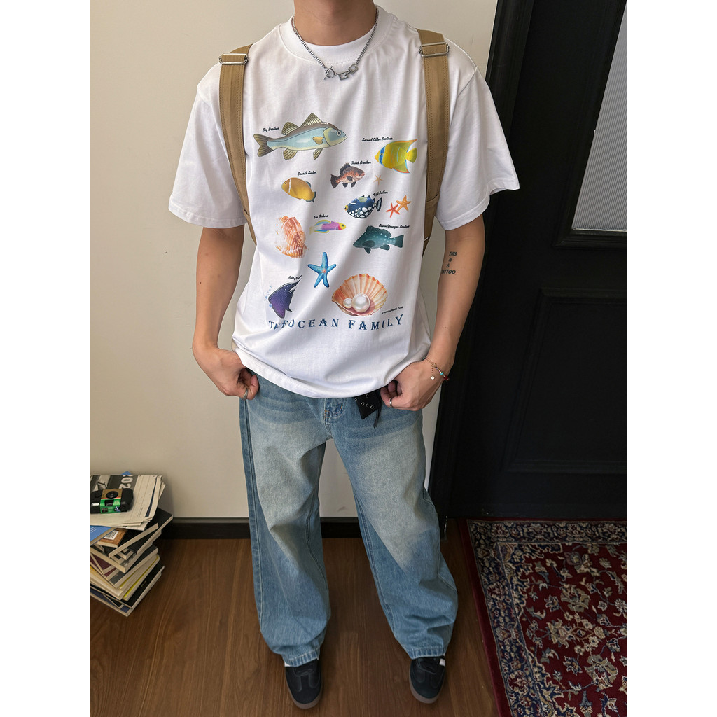 Beeyanbuy เสื้อยืด Unisex, แฟชั่นปลาเชลล์น่ารักพิมพ์เสื้อยืดแขนสั้นหลวม #I553