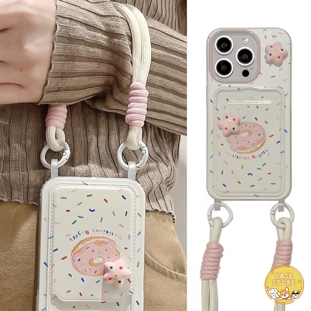 เคสแบบนิ่มพร้อมสายคล้อง Simple Donut Card Holder เข้ากันได้กับ IPhone 7 8 Plus 11 14 13 12 15 Pro Max XR X XS Max 15 Pro