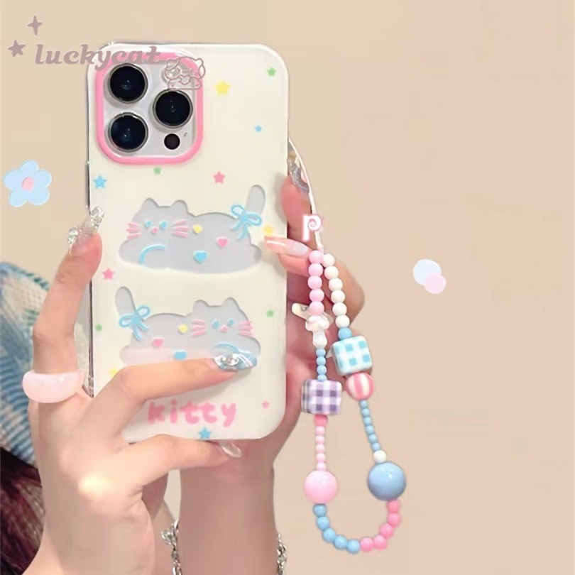 Iphone 15 14 13 12 11 Pro Max X Xr Xs Max 7 8 Plus SE2020 เคสโทรศัพท์จุดน่ารัก Blue Bow Cat รูปแบบ + Lanyard Clear Soft ฝาหลัง