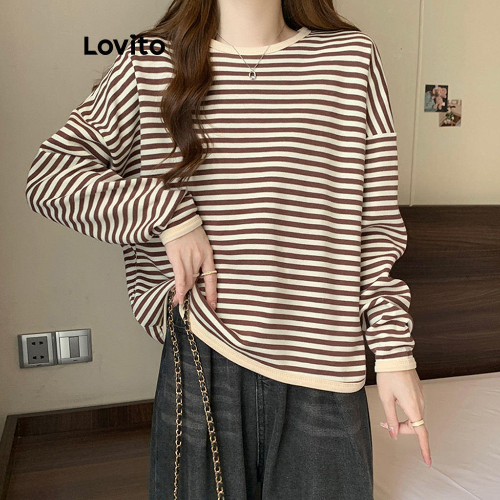 Lovito เสื้อสเวตเตอร์ สีบล็อกลายทางลำลองสำหรับผู้หญิง LNE77340