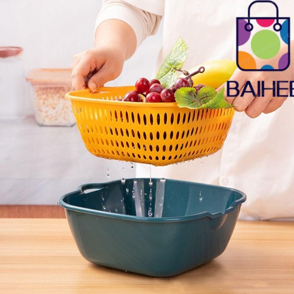 Baihee ตะกร้าระบายน้ํา, Stackable Double-Layer ตะกร้าล้างผัก, สะดวก Multifunctional Kitchen Gadgets ที่ถอดออกได้ผลไม้อ่างล้างหน้าห้องครัว