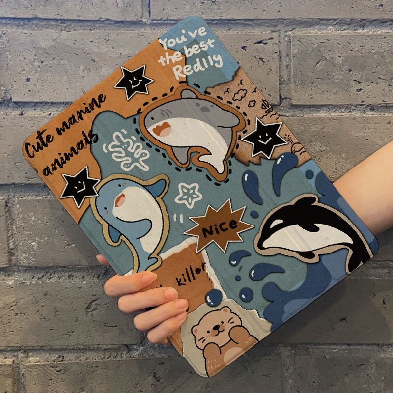 สําหรับ IPad เคสป้องกัน Pro11 การ์ตูน Shark Graffiti Air6/5/4 ช่องเสียบปากกาแบบพับได้ Mini Flip IPad 9/10th Generation Case 8