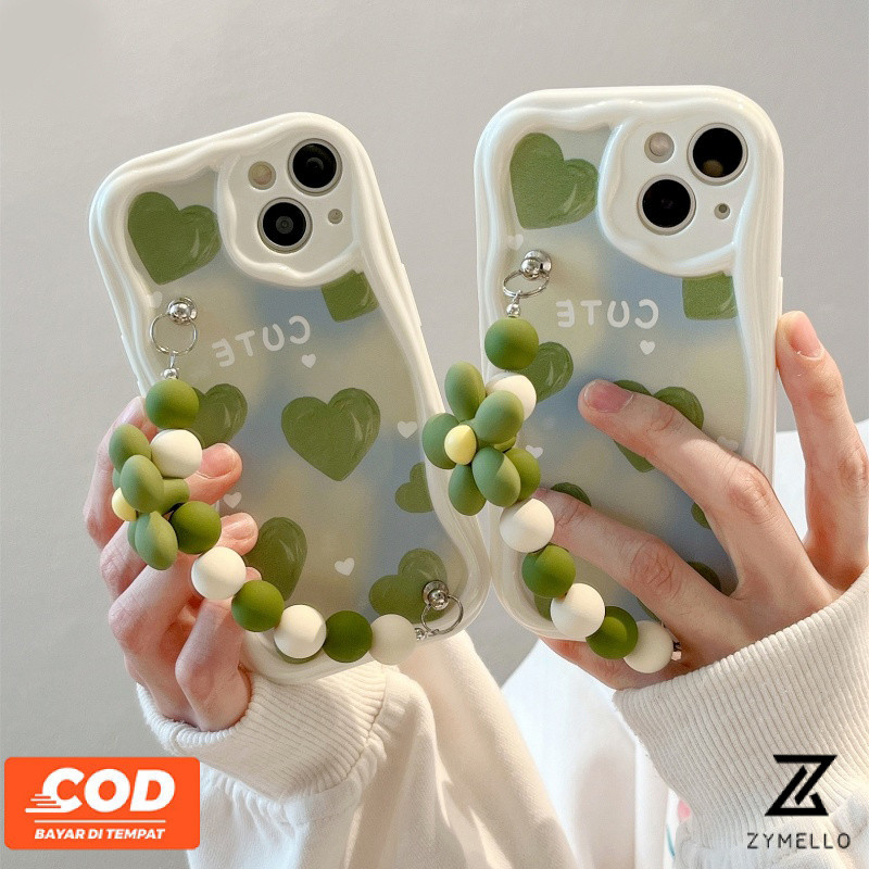 กรณีoppo Reno 13F 5G Reno12 F 5G Reno 12 Reno11 F Reno 11 5G Reno 10 Reno 8T Reno 8Z Reno 7Z Realme C65 C53 C51 Reno8 Reno7 Reno6 สร้อยข้อมือหัวใจสีเขียวกันกระแทกTPUเคสโทรศัพท์
