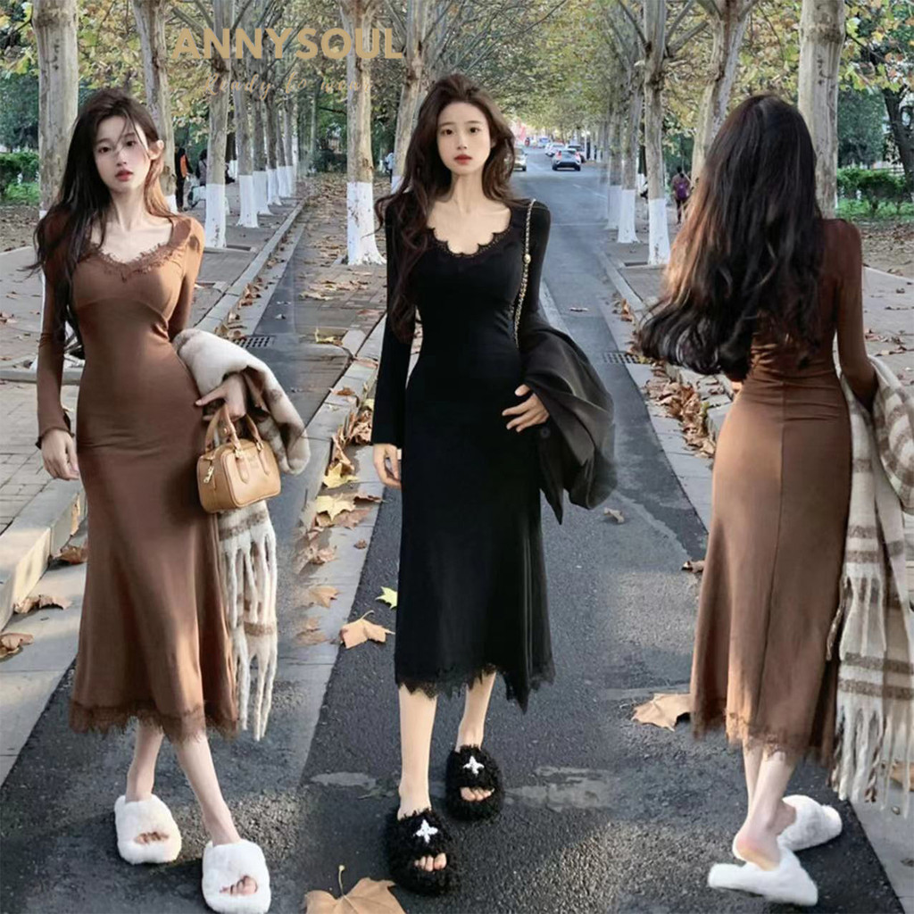 เดรสหรูหรา สีดำ สำหรับฤดูหนาว แบบเข้ารูป