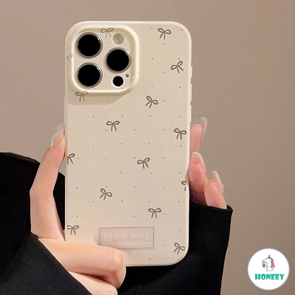 Ins Chic Bowknot สีครีมเคลือบเงาเคสโทรศัพท์สําหรับIphone 15 14 Pro Max 11 12 13 Plusป้องกันเลนส์ซิลิโคนกันกระแทกนุ่มโทรศัพท์ปกหลัง