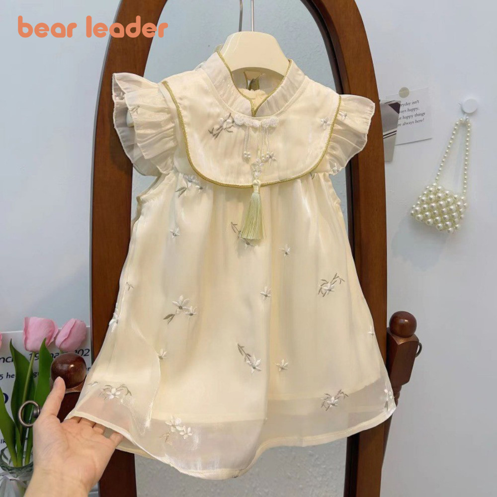 Bear Leader หวานสไตล์จีนดอกไม้เย็บปักถักร้อยชุดเจ้าหญิง Retro Flying Sleeve Cheongsam ฤดูร้อนพู่ Beadwork เสื้อผ้าเด็กผู้หญิง