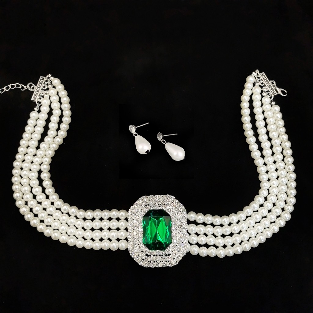 Vintage jewelry สร้อยคอไข่มุกประดับพลอย ใส่ประดับชุดทุกโอกาส เด็กใส่ได้cht