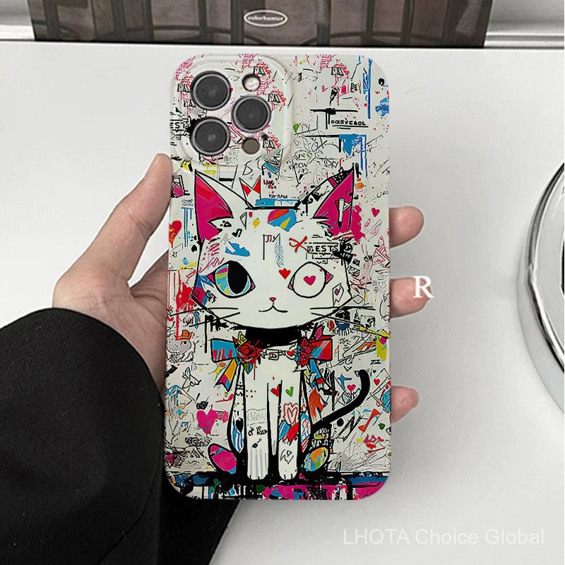 อินเทรนด์แมวสีขาวเข้ากันได้สำหรับ IPhone16 15 14 13 12 11 PRO MAX x XR XS MAX 8 7 6วินาทีบวก SE 2020ฟิล์มแพคเกจเต็มช็อกทนรวมทุกอย่างโทรศัพท์เคสเชลล์โทรศัพท์ CA