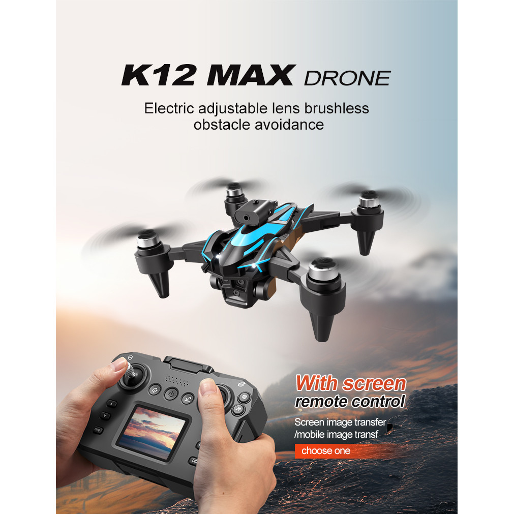 Qwinout K12Max รีโมทคอนโทรลพร้อมหน้าจอแสดงผลมอเตอร์ไร้แปรงไร้คนขับการหลีกเลี่ยงอุปสรรคยานพาหนะความละเอียดสูงถ่ายภาพทางอากาศQuadcopter