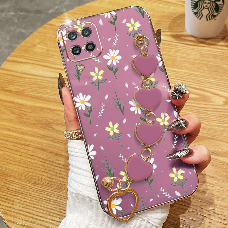 SAMSUNG ปลอกสําหรับsamsung Galaxy A12 M12 F12 A22 M22 F22 M32 M33 M53 4G 5G A22 A42 M42 5G A12 Nacho A12Sดอกไม้ขนาดเล็กElectroplating Anti Dropเคสโทรศัพท์พร้อมสร้อยข้อมือรัก