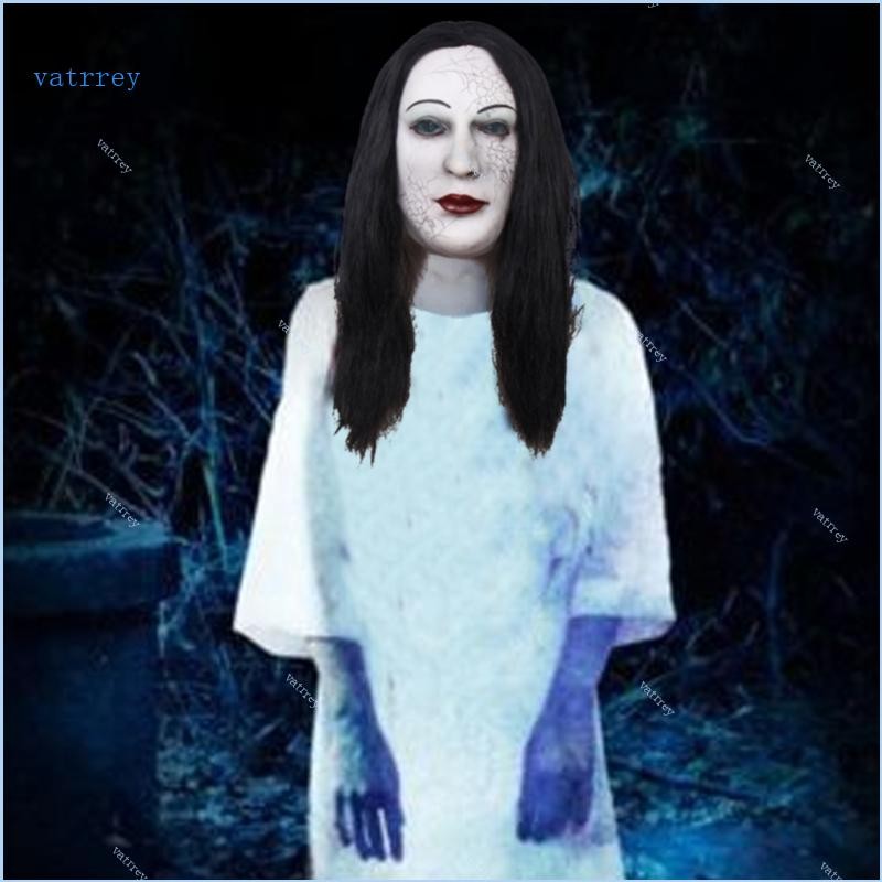 Va Latex หญิง Ghost ผมยาว Face Cover ฮาโลวีน Haunted House Headwear