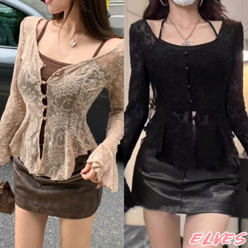 Elves พร้อม เสื้อเซ็ท สายเดี่ยว+เสื้อคลุมไหมพรมฟิลเกาหลี ซีทรูลายลูกไม้ สีพื้น สวมใส่สบาย "M3648"