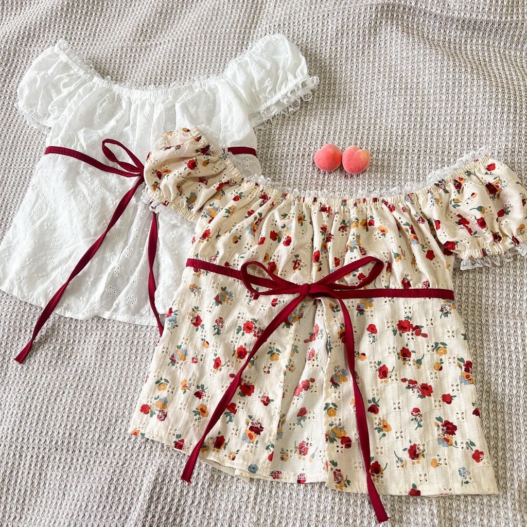 Fleurladyz.เสื้อลูกไม้แต่งแขนตุ๊กตา แต่งขอบลูกไม้ ผูกโบว์หน้า ผ้าฉลุลูกไม้สวยมาก