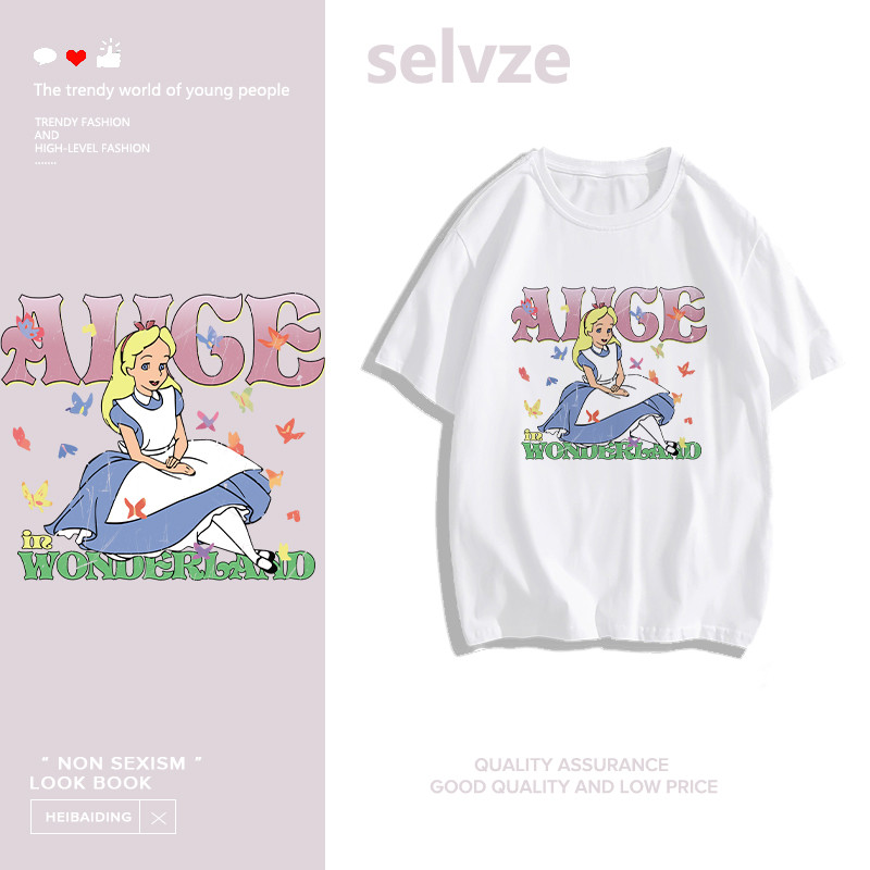 SELVZE（จัดส่งตลอด 24 ชั่วโมง） Printed T-shirt，เจ้าหญิงการ์ตูนสวยพิมพ์เสื้อยืดแขนสั้นหลวม B000343