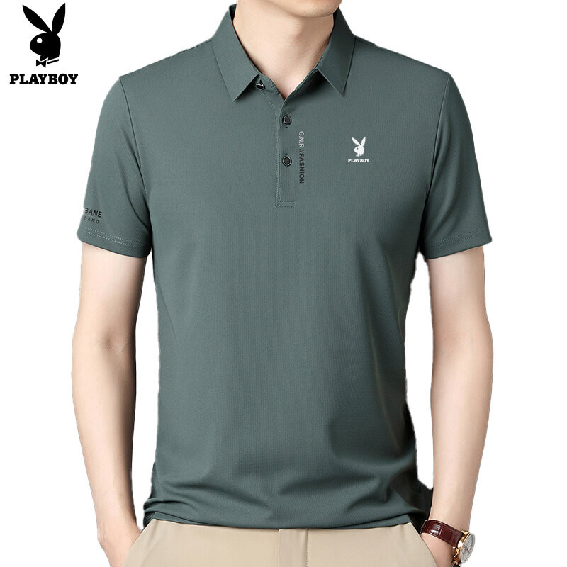 เพลย์บอย เวอร์ชั่นเกาหลีของเสื้อโปโลปกสีทึบเรียบง่ายบางระบายอากาศผู้ชายแขนสั้น