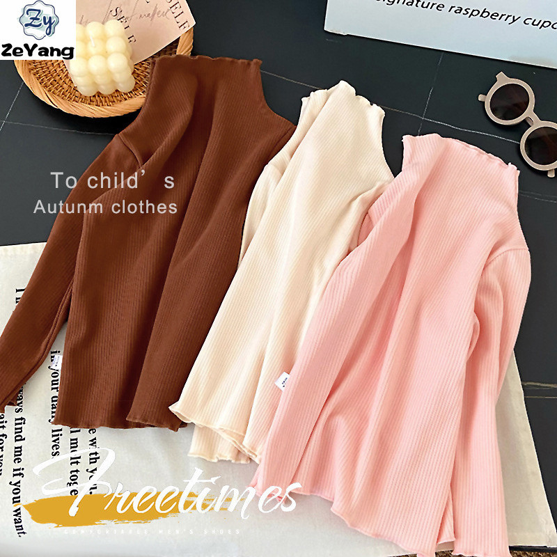 [ซี่] 90-160 พร้อมสต็อกเด็กสบายๆแขนยาวเสื้อยืดเชื้อราปกความร้อนเสื้อผ้าหลุมแถบ จุดต่ําสุด เสื้อเด็กสาวสีทึบสูงปกยาว