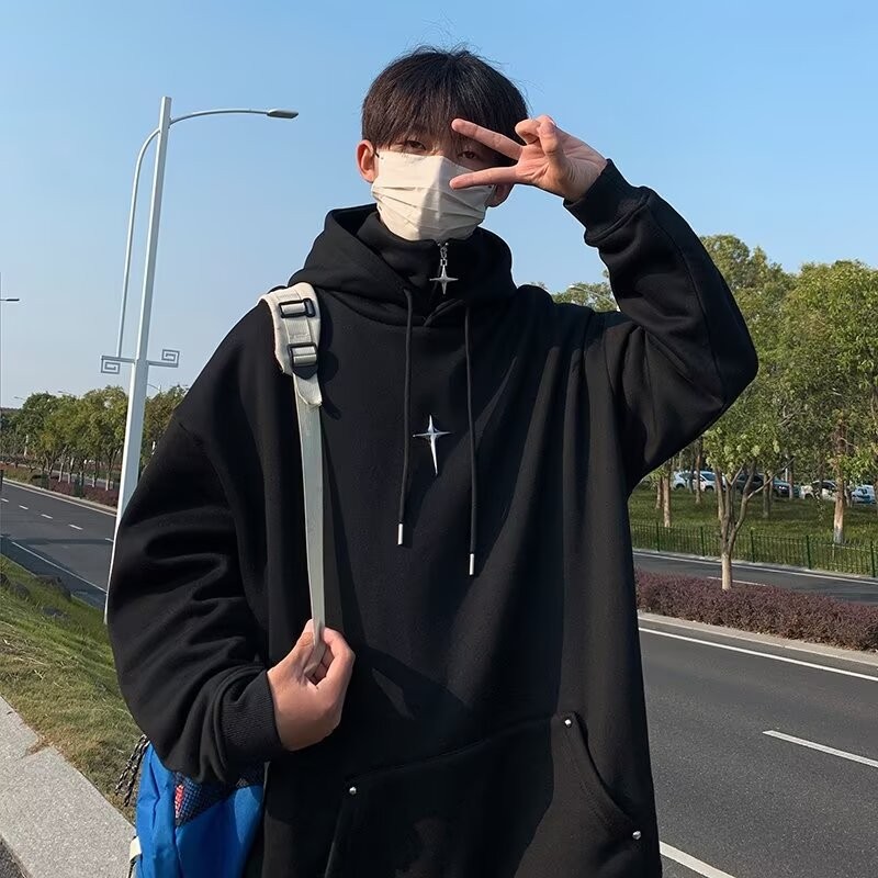ปลอมสองและครึ่งซิปคอสูง หมวก เสื้อแจ็คเก็ตมีฮู้ดผู้ชาย