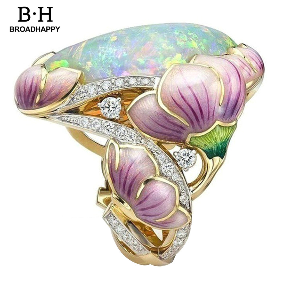 [BRO] ผู้หญิงหรูหรา Rhinestone โอปอลเทียมฝังดอกบัวแหวนเครื่องประดับของขวัญ