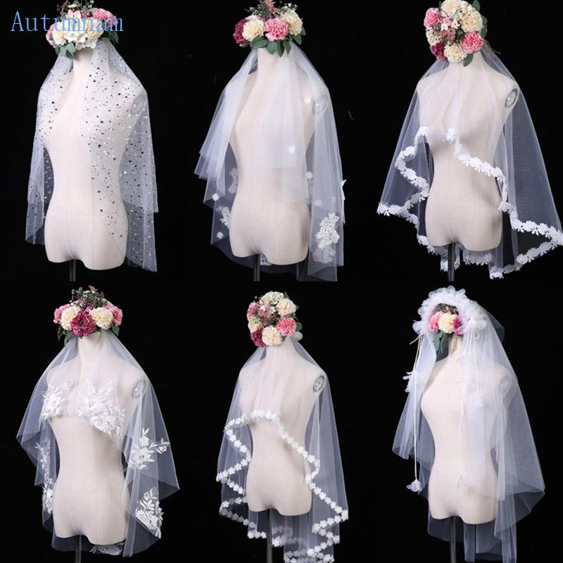 Sequins Short Veil Headdress Floral Lace Veil with Comb Wedding Hair Accessories