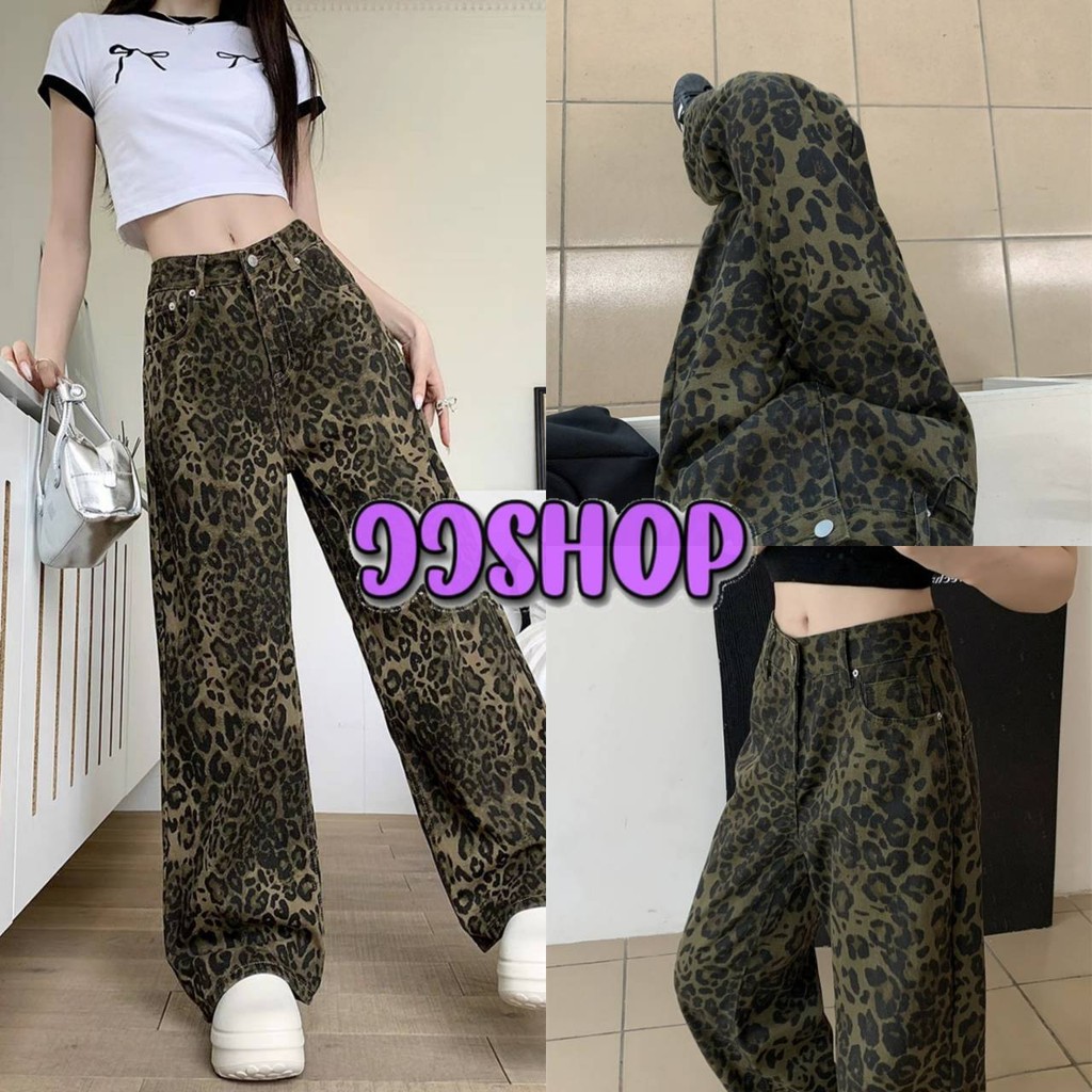 JJ Shop​ ​พร้อมส่ง กางเกงยีนส์ขายาว เอวสูง ใส่สบาย ทรงกระบอก ลายเสือสองสี "8818-NZ"