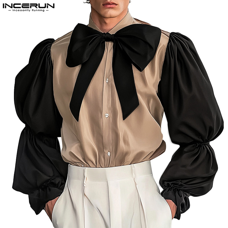 Incerun เสื้อเชิ้ตแขนยาวแฟชั่นเกาหลี French Contrast Knot สําหรับผู้ชาย