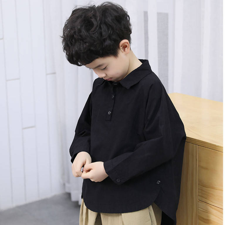 เด็กชายแขนยาวสีทึบเสื้อเด็กลําลองผ้าฝ้ายเสื้อปก