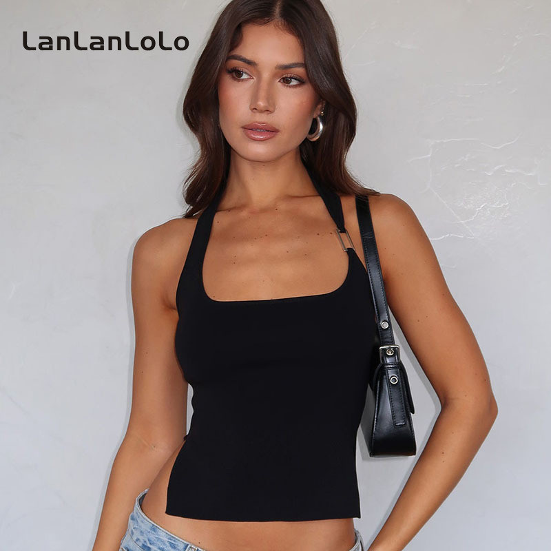 Lanlanlolo ผู้หญิง 2024 แฟชั่นสีทึบ Slit Slim Fit Halter Tank Tops Camisole