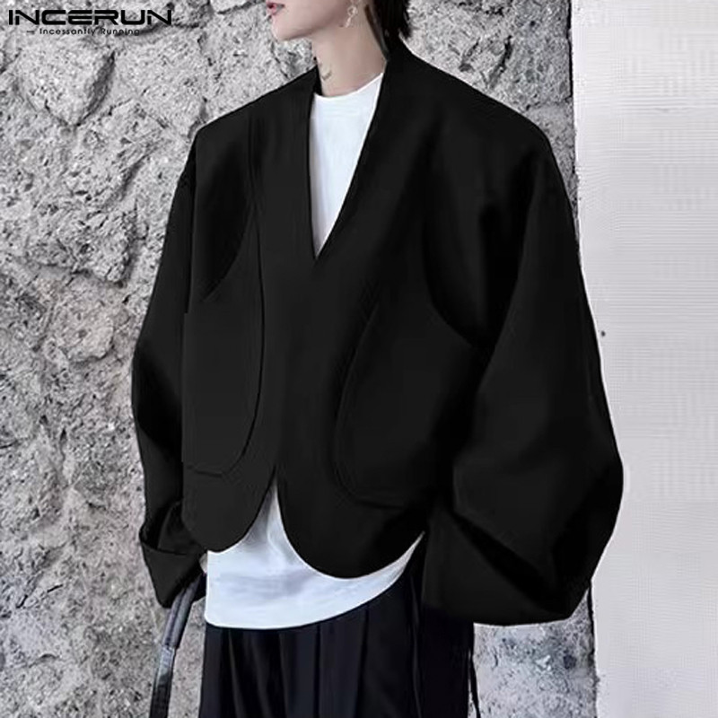 Incerun ผู้ชายเกาหลีลําลองสีทึบโค้ง Machete Sleeve คาร์ดิแกนไม่มีปก