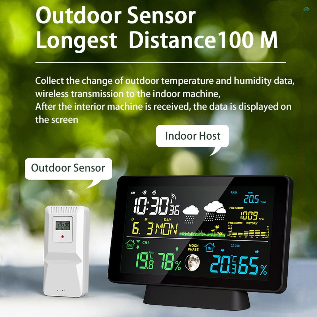Yb1 Weather station7.5- นิ้วหน้าจอสีสถานีอากาศ Rain Gauge ในร่มและกลางแจ้งอุณหภูมิและความชื้นสถานีอากาศพร้อมจอแสดงผล Moon Phase ความดันบรรยากาศ