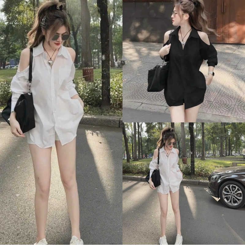 เสื้อเชิ้ตเว้าไหล่ ผ้าๆไหมอิตาลี ทรงสวย ทรงโอเวอร์ไซด์สาวอวบใส่ได้