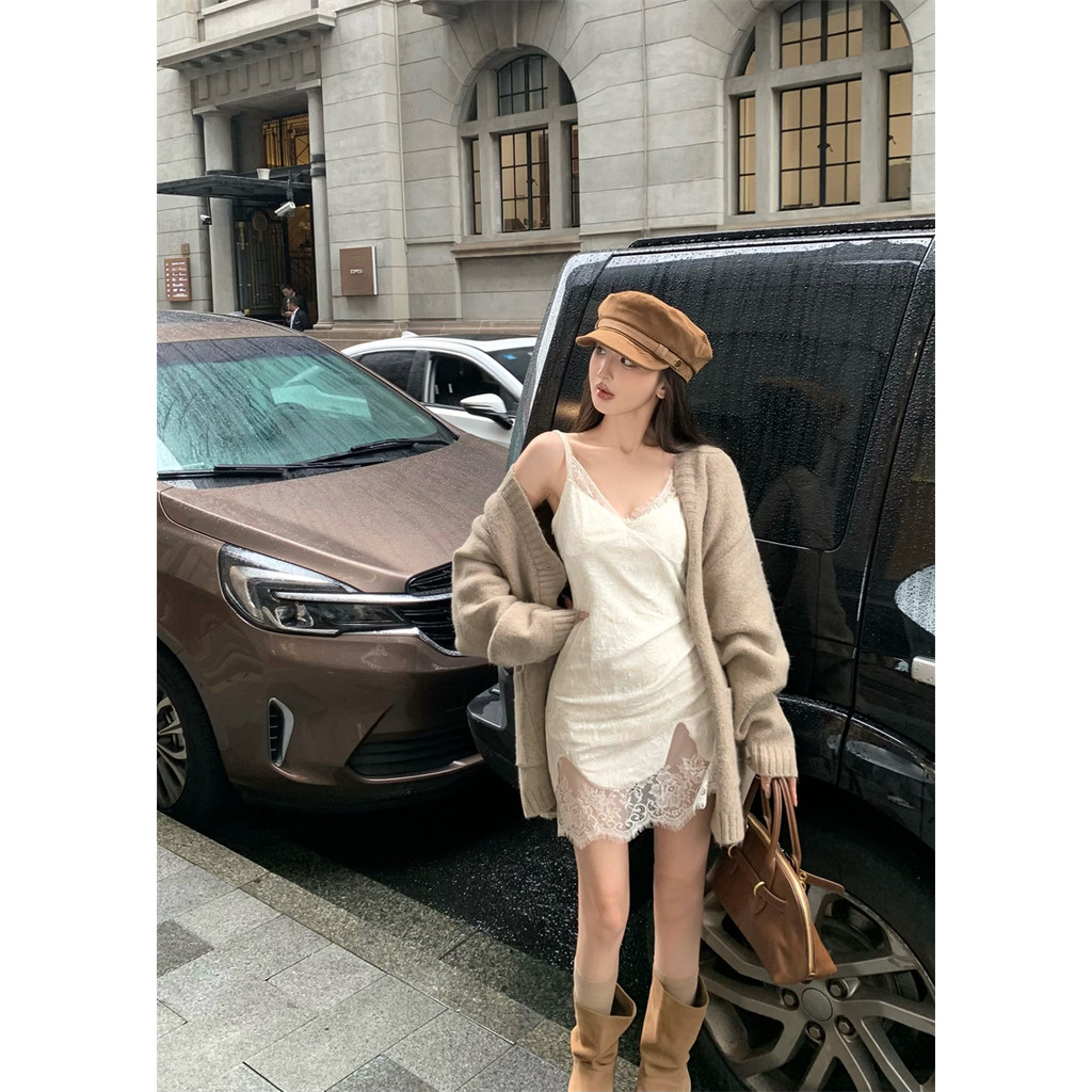 Liasynn แฟชั่น Essence ~ Retro Classy Slim-fit Slimmer ดูสลิงชุดถักเสื้อกันหนาวเสื้อสเวตเตอร์ถักถักเสื้อกันหนาว