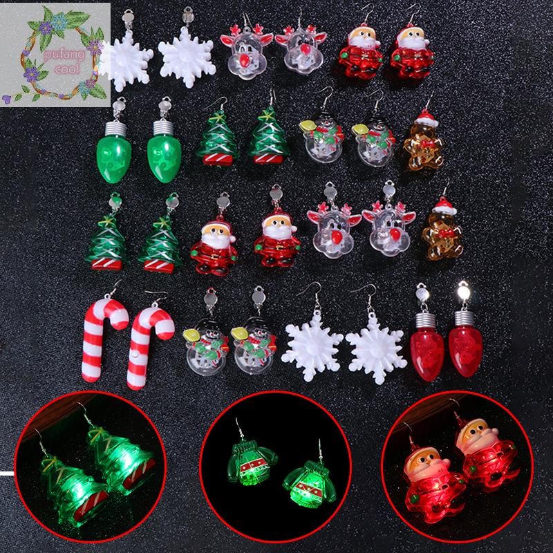 Pucool Luminous Merry Christmas ต่างหูซานตาคลอสต้นคริสต์มาส Xmas Snowman คลิปหูเครื่องประดับเงา LED Drop ต่างหู TH