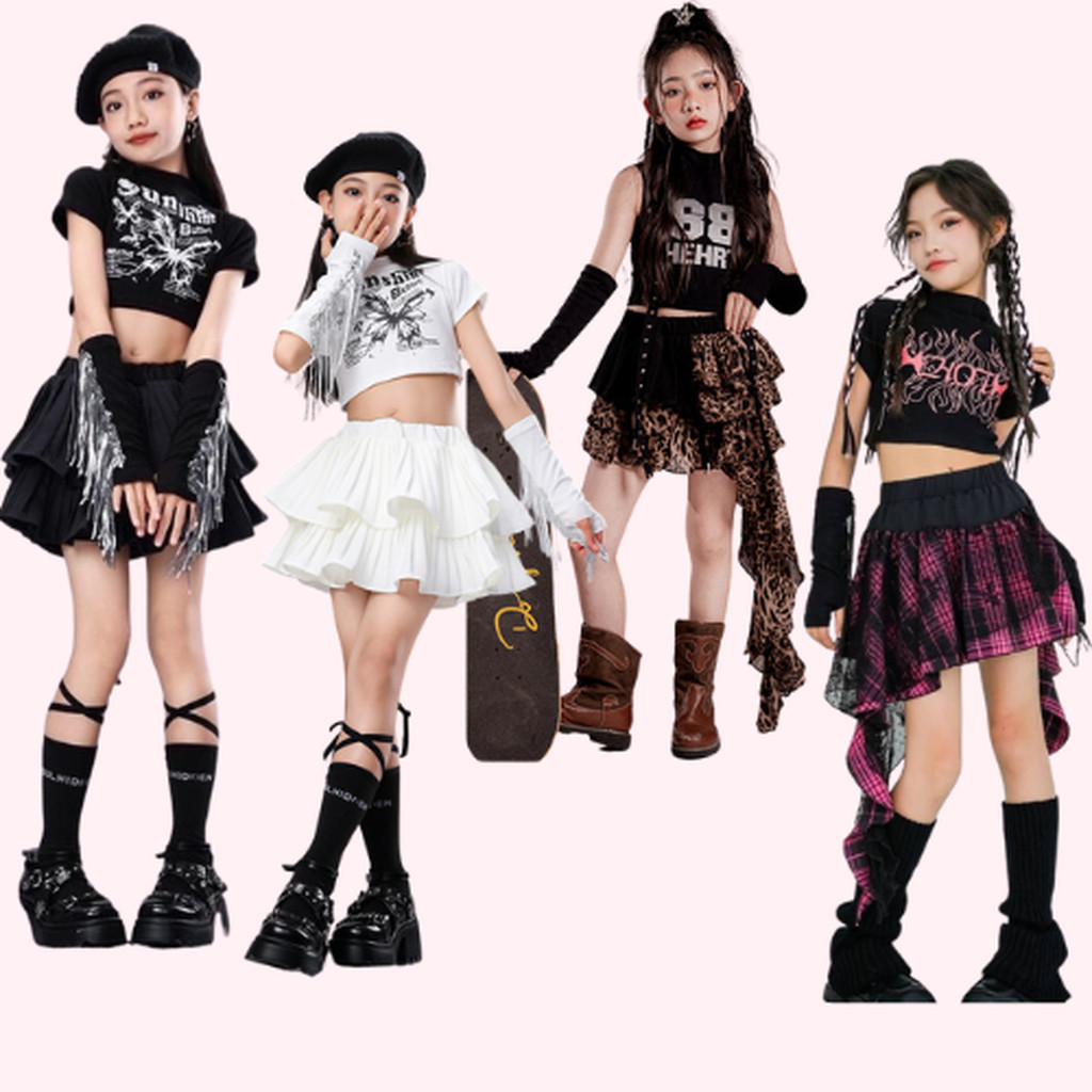 พร้อมส่ง ***ชุดเต้น เสื้อครอป แขนสั้น+กระโปรง พร้อมปลอกแขน ลายเสือ ลายผีเสื้อ ลายสก๊อต