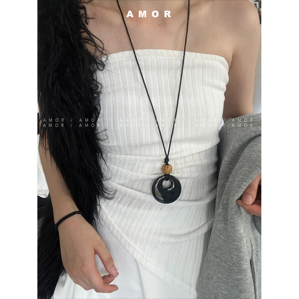 สร้อยคอเชือกสีดําโซ่เสื้อกันหนาวยาวความปลอดภัยหัวเข็มขัดออกแบบ